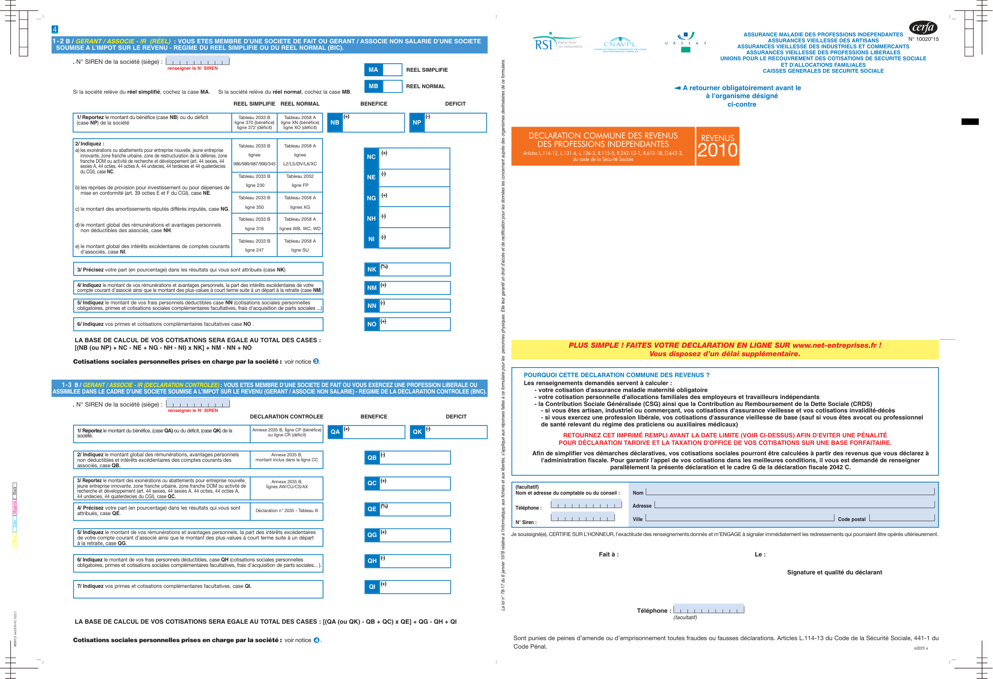 Page 1 du formulaire cerfa 10020 — Calcul des cotisations sociales obligatoires (CSG et CRDS)