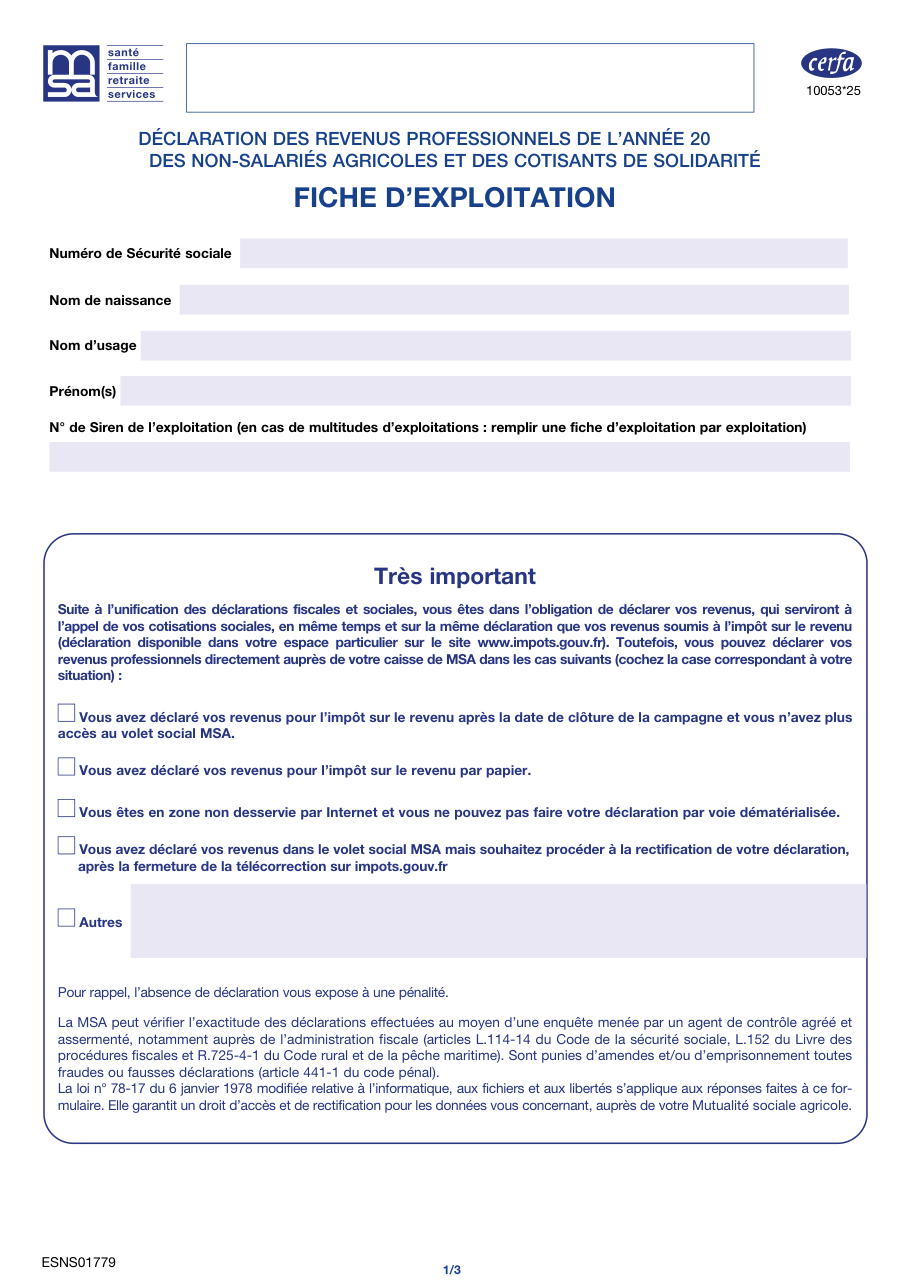Page 1 du formulaire cerfa 10053 — Fiche d'exploitation agricole
