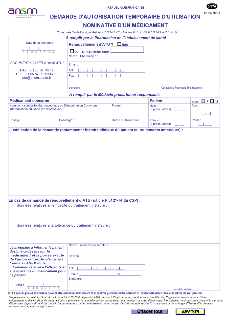 Page 1 du formulaire cerfa 10058 — Demande d'autorisation temporaire d'utilisation nominative d'un médicament