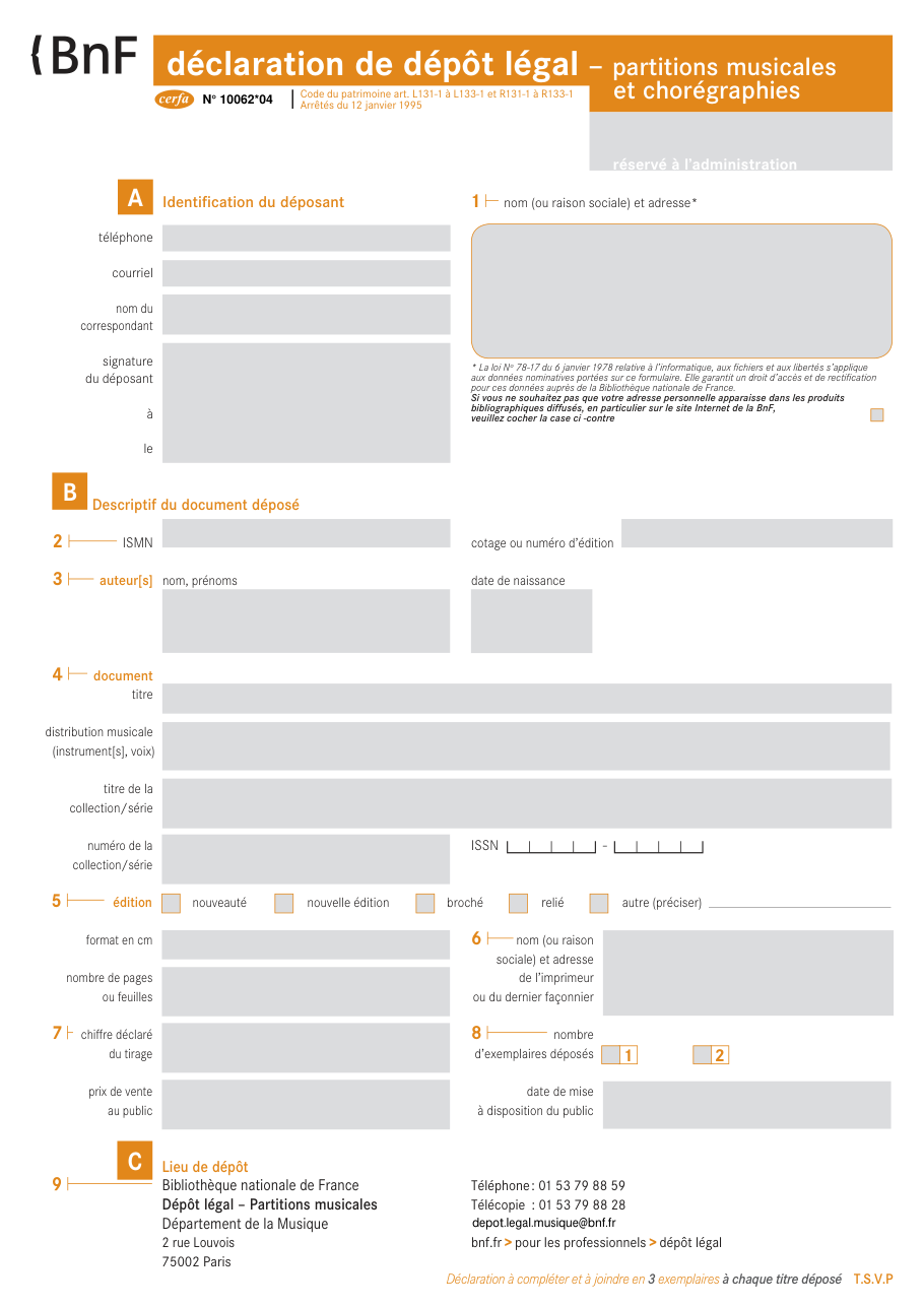 Page 1 du formulaire cerfa 10062 — Dépôt légal partitions musicales et chorégraphies