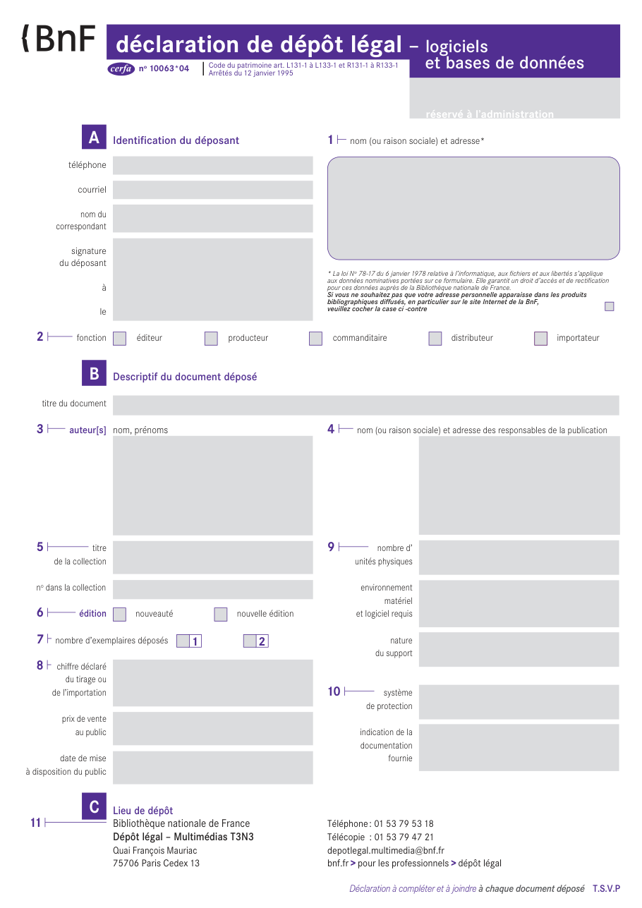 Page 1 du formulaire cerfa 10063 — Dépôt légal logiciels et bases de données