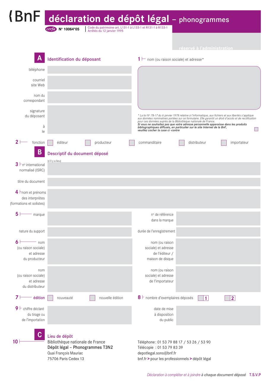 Page 1 du formulaire cerfa 10064 — Dépôt légal phonogrammes