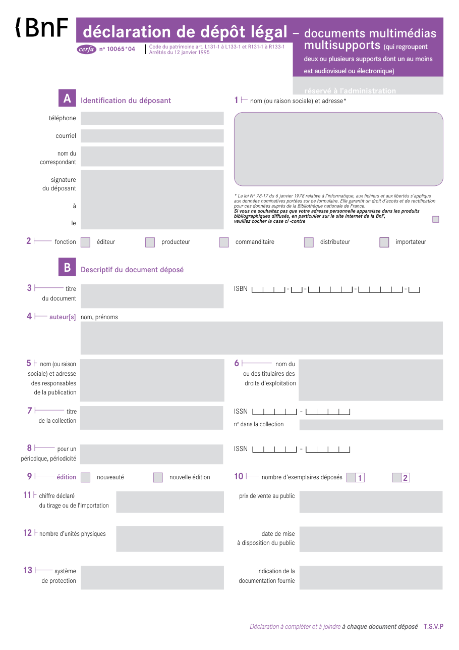 Page 1 du formulaire cerfa 10065 — Dépôt légal documents multimédias multisupports
