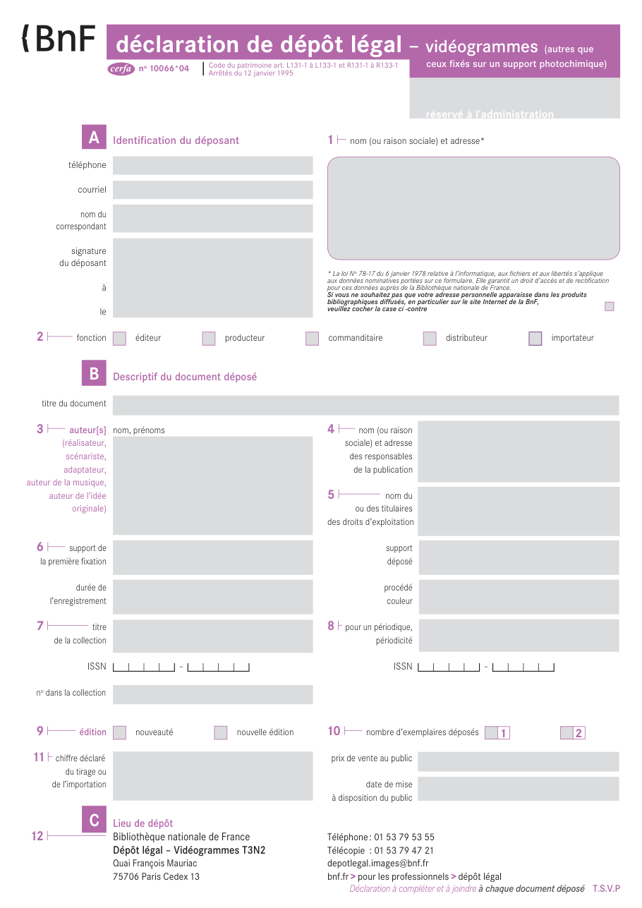 Page 1 du formulaire cerfa 10066 — Dépôt légal vidéogrammes