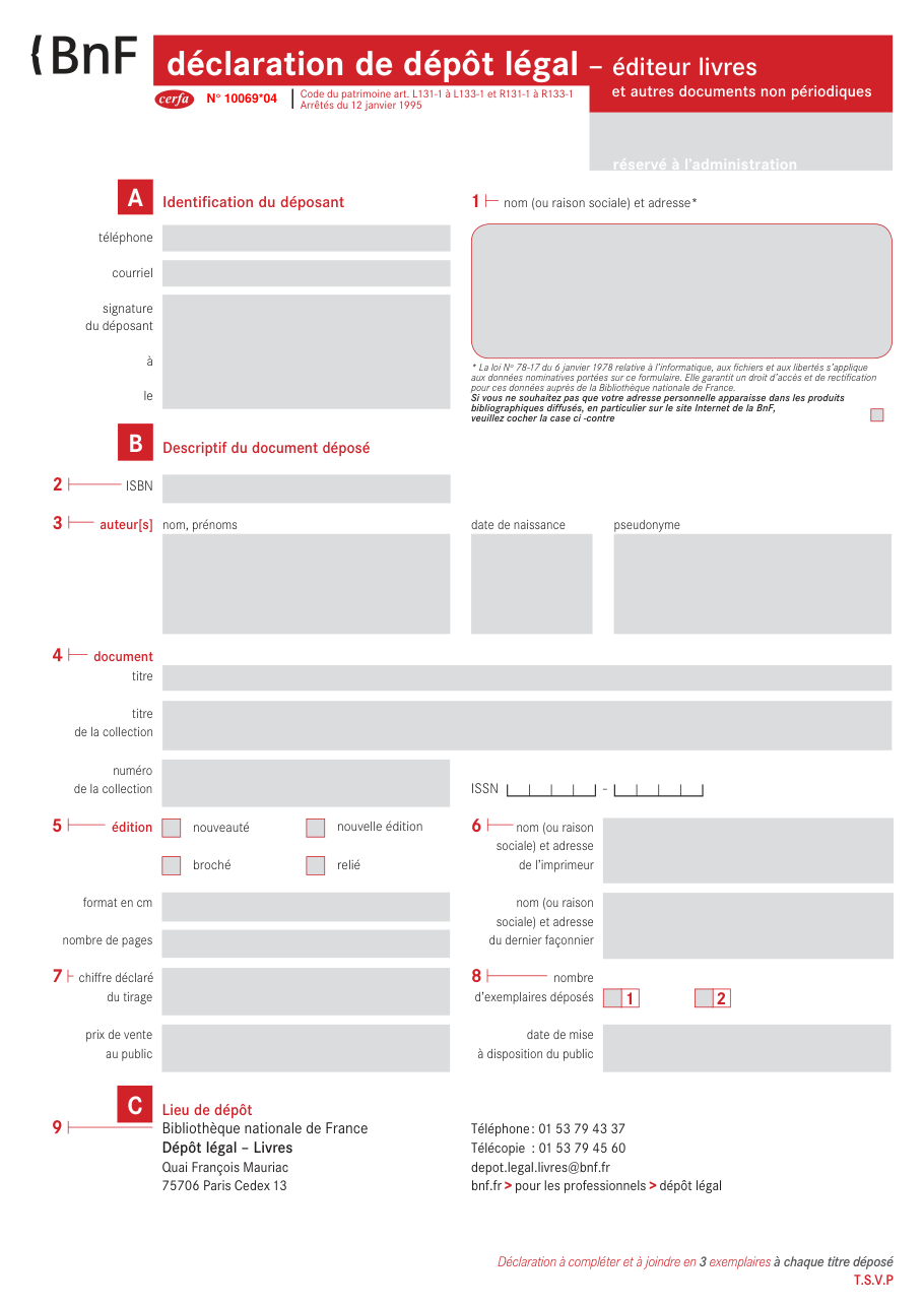 Page 1 du formulaire cerfa 10069 — Dépôt légal éditeur livres et documents non périodiques