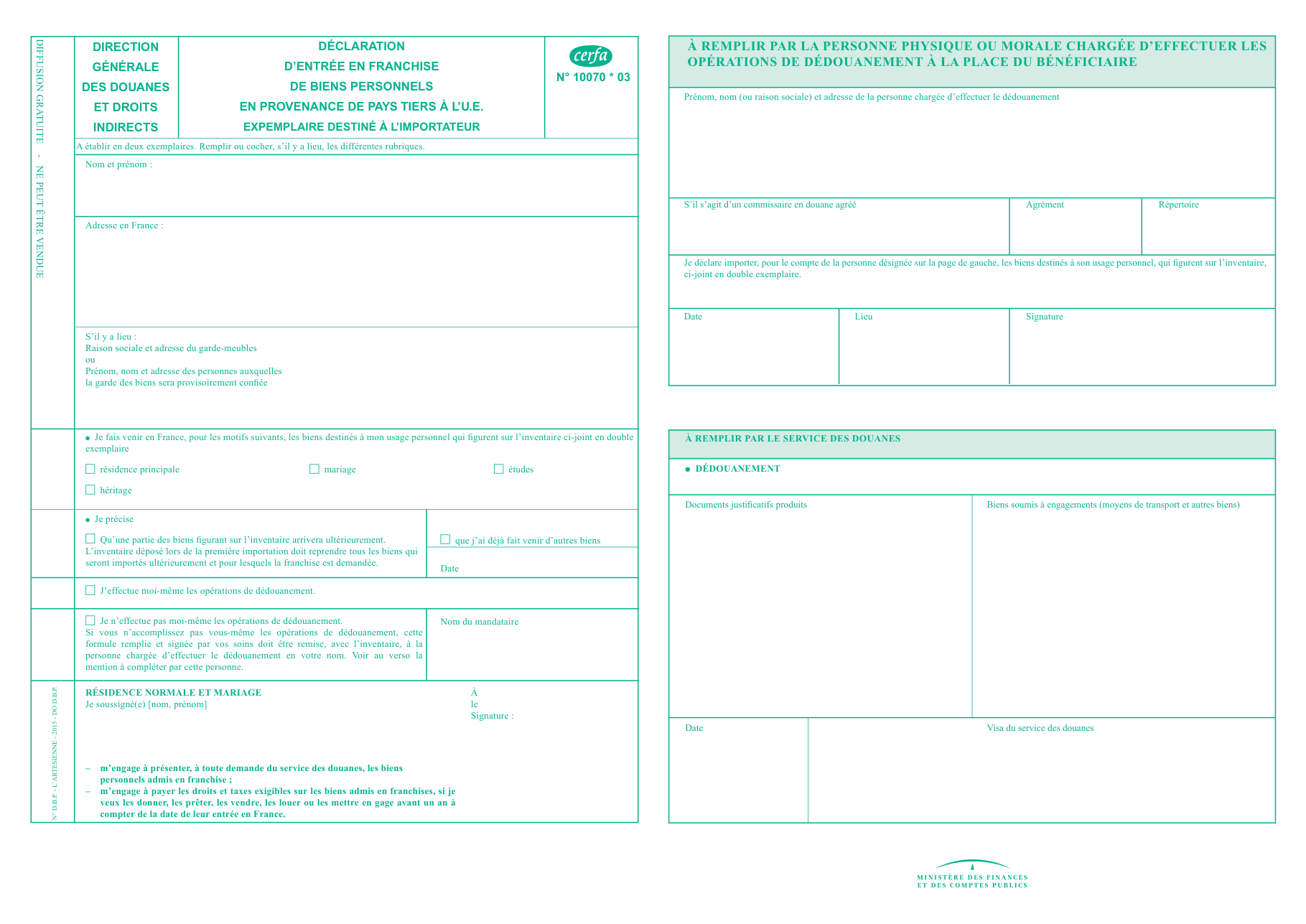 Page 1 du formulaire cerfa 10070 — Déclaration d'entrée en franchise de biens personnels