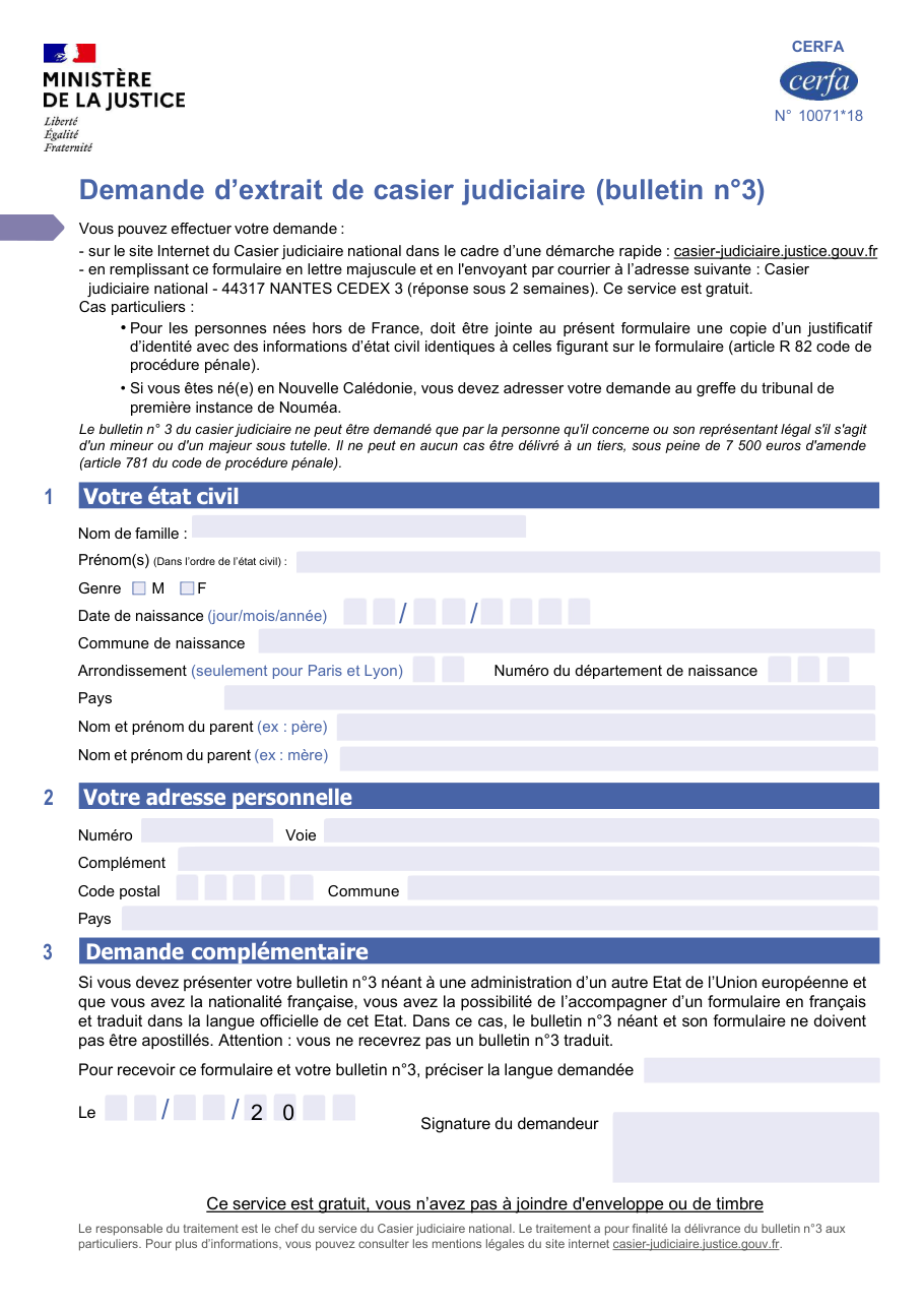 Page 1 du formulaire cerfa 10071 — Demande d'extrait de casier judiciaire (bulletin n°3)