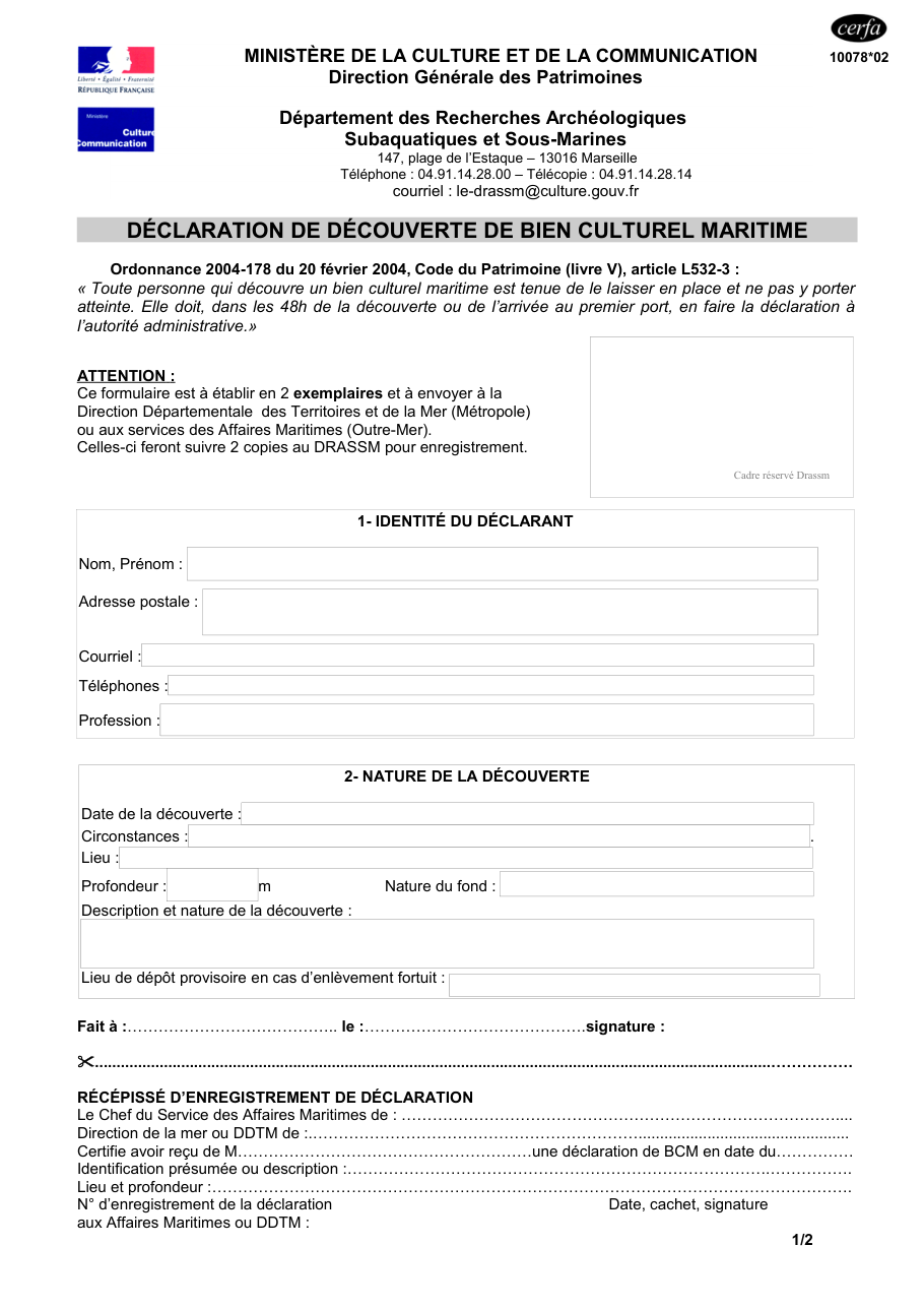 Page 1 du formulaire cerfa 10078 — Déclaration de découverte de bien culturel maritime