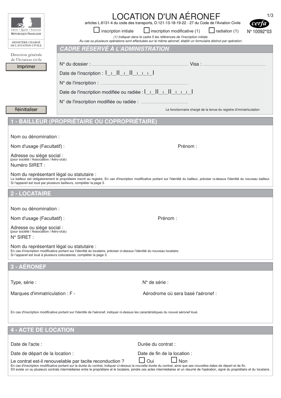 Page 1 du formulaire cerfa 10092 — Location d'un aéronef