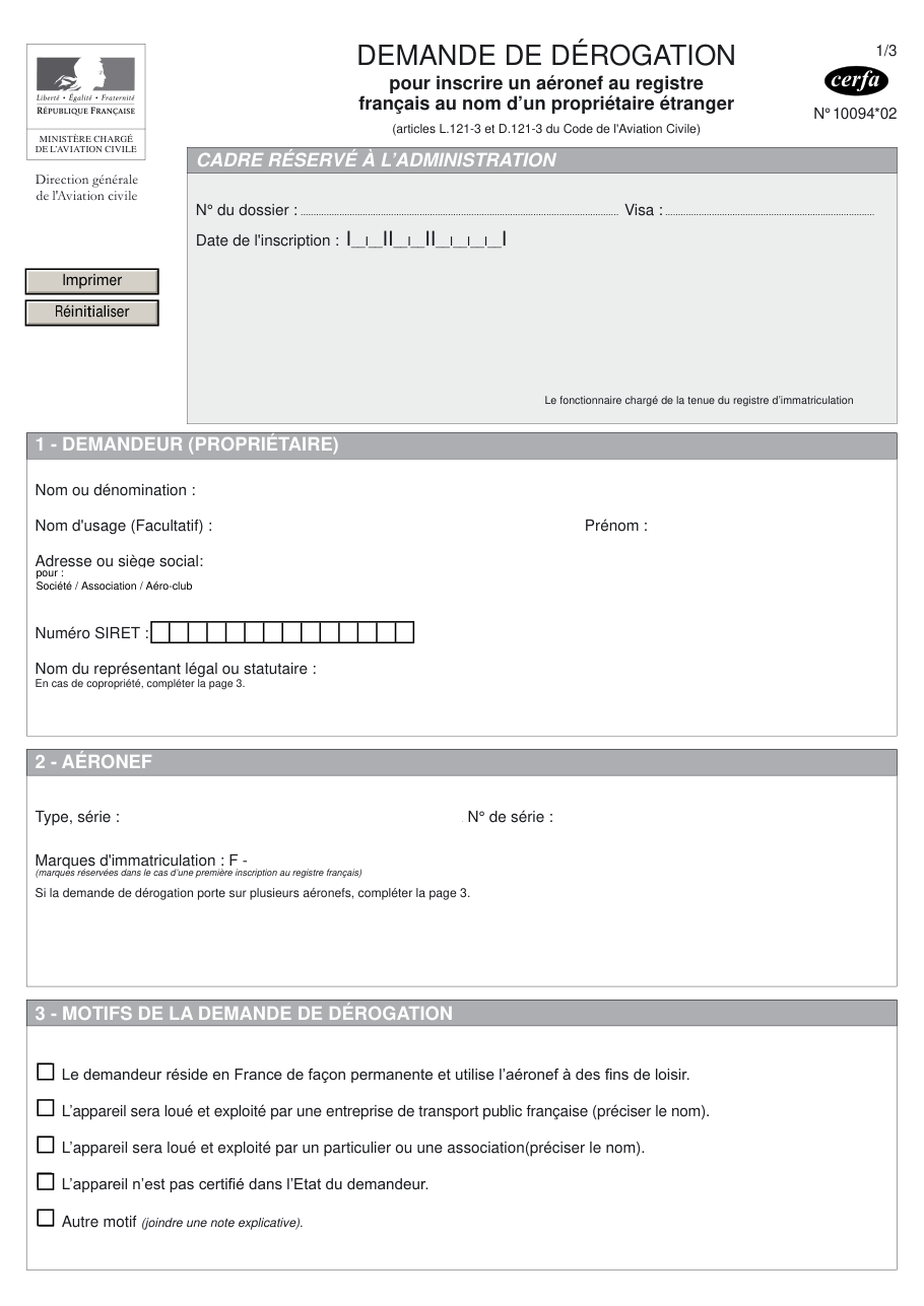 Page 1 du formulaire cerfa 10094 — Demande de dérogation propriétaire aéronef étranger
