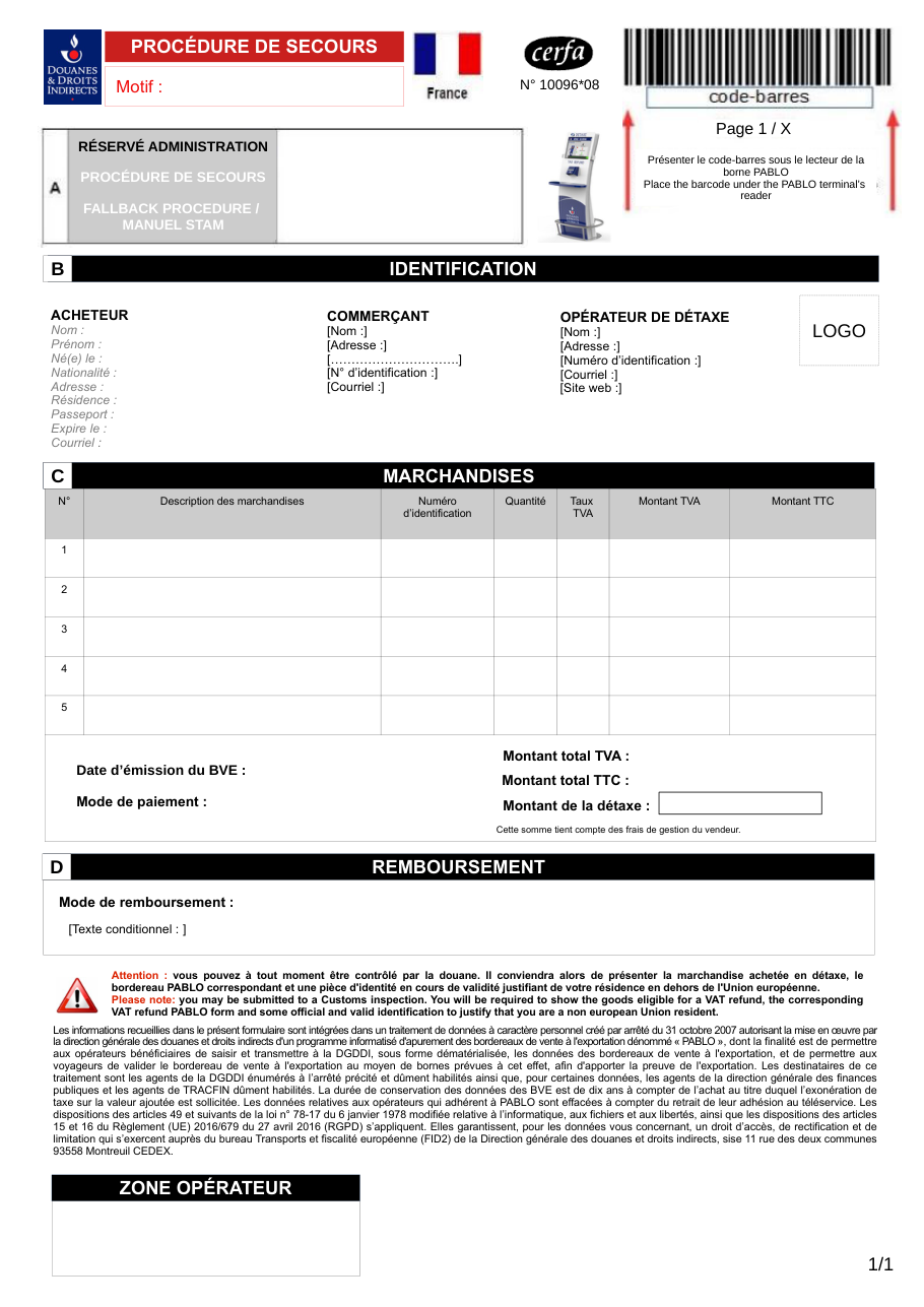 Page 1 du formulaire cerfa 10096 — Remboursement TVA touriste (détaxe)