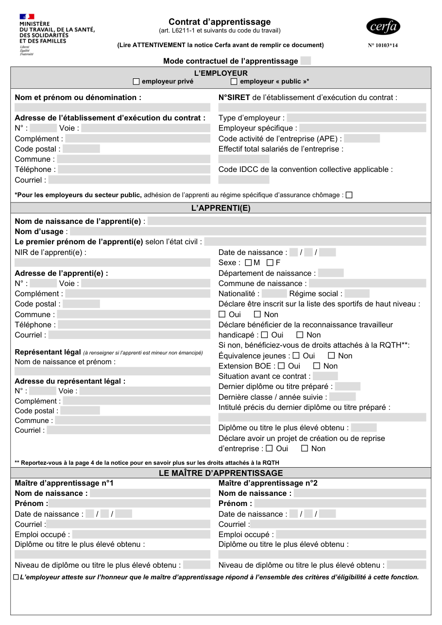 Page 1 du formulaire cerfa 10103 — Contrat d'apprentissage
