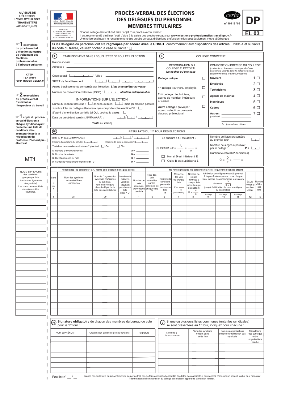 Page 1 du formulaire cerfa 10113 — Procès-verbal des élections des délégués du personnel (membres titulaires)