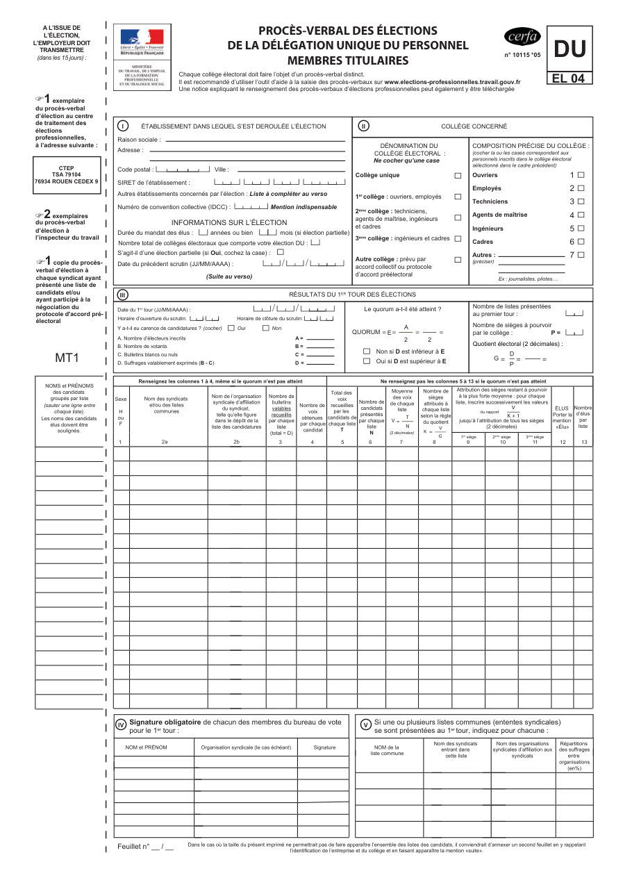 Page 1 du formulaire cerfa 10115 — Procès-verbal des élections de la délégation unique du personnel (membres titulaires)