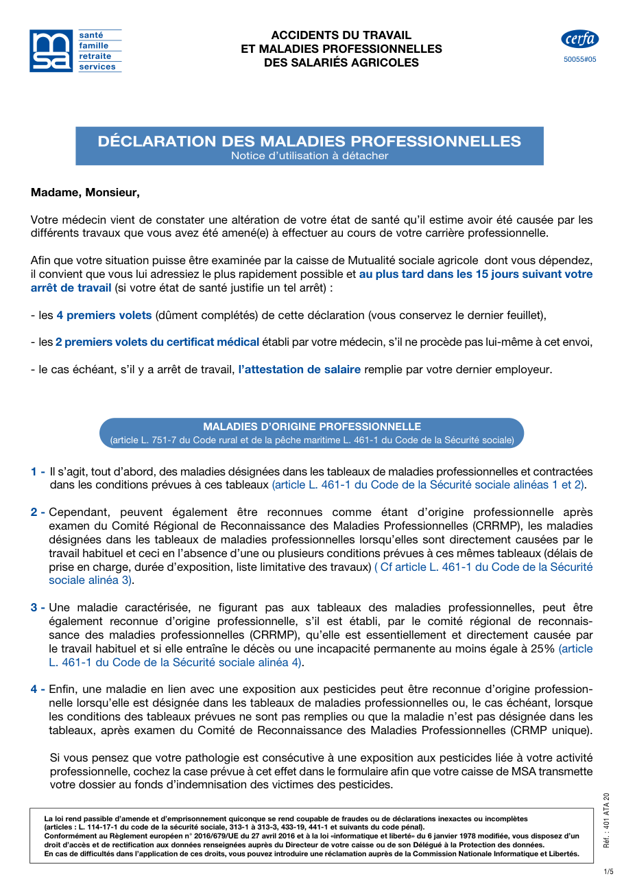 Page 1 du formulaire cerfa 10131 — Déclaration de maladie d'origine professionnelle