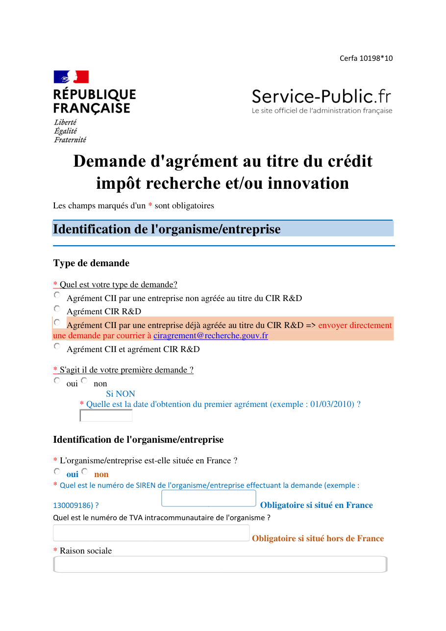 Page 1 du formulaire cerfa 10198 — Demande d'agrément au crédit impôt recherche et/ou innovation
