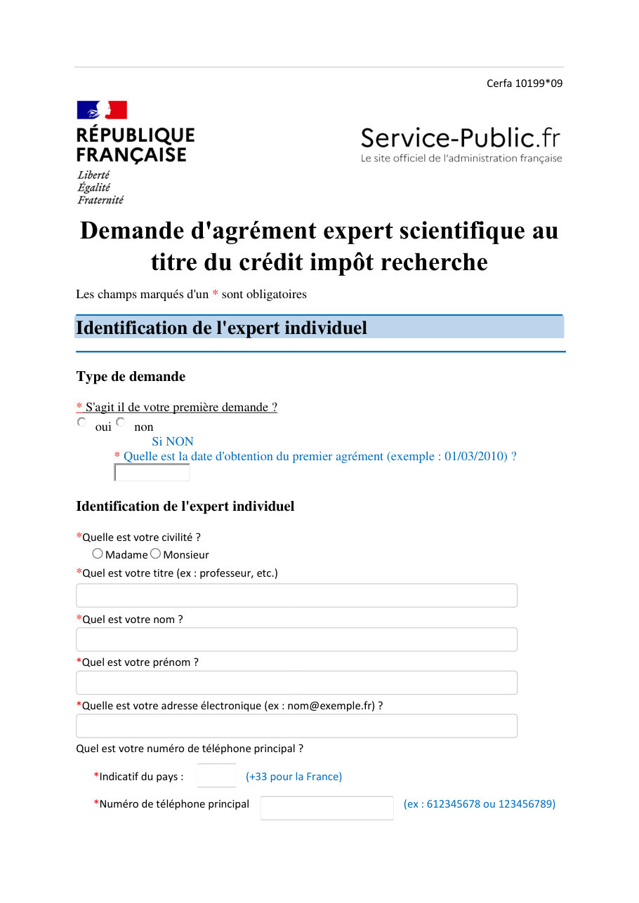 Page 1 du formulaire cerfa 10199 — Agrément expert scientifique crédit d'impôt recherche