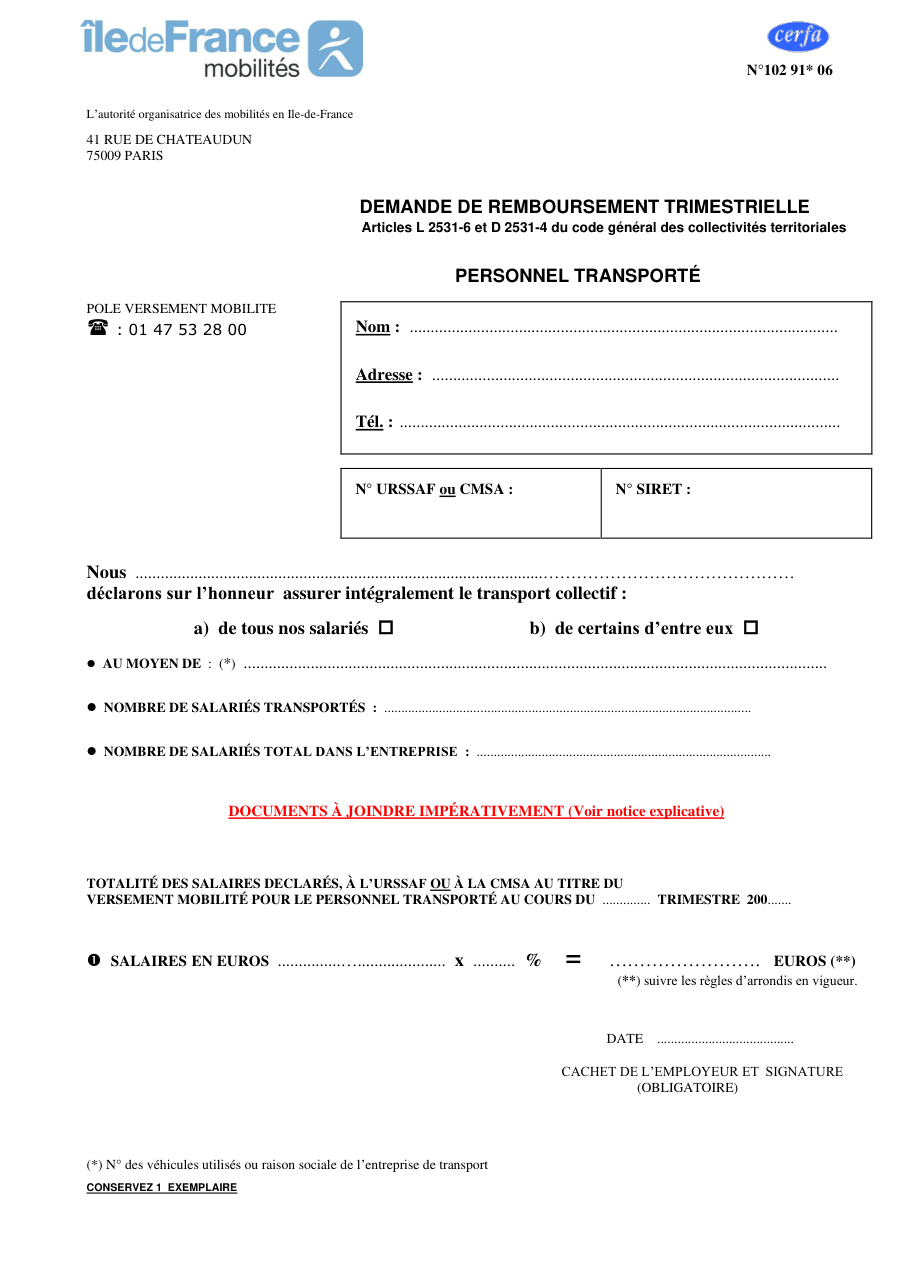 Page 1 du formulaire cerfa 10291 — Remboursement transport collectif salariés