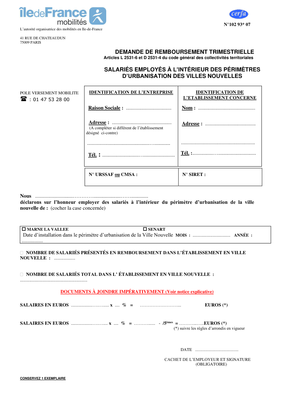 Page 1 du formulaire cerfa 10293 — Remboursement mobilité salariés villes nouvelles