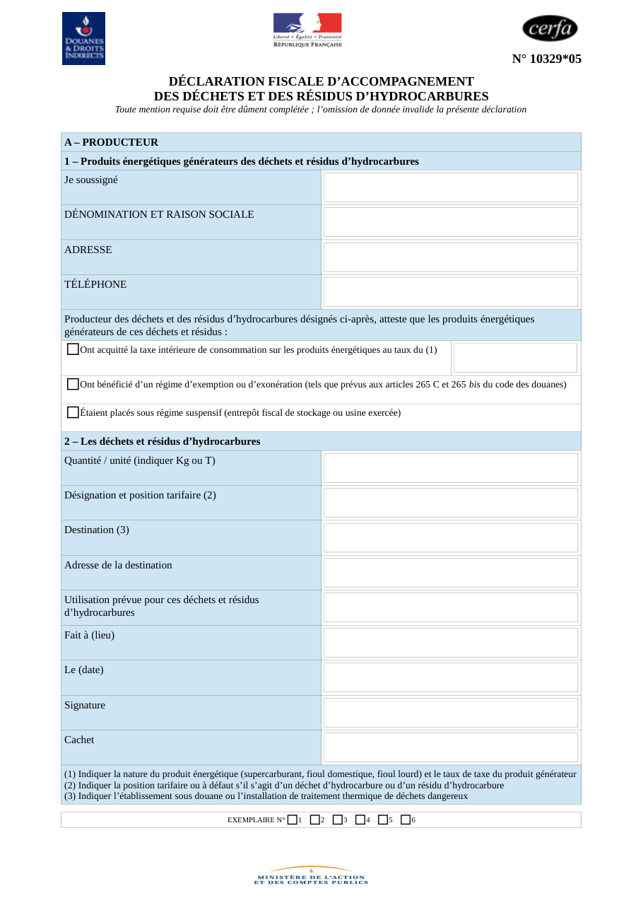 Page 1 du formulaire cerfa 10329 — Déclaration fiscale déchets résidus hydrocarbures