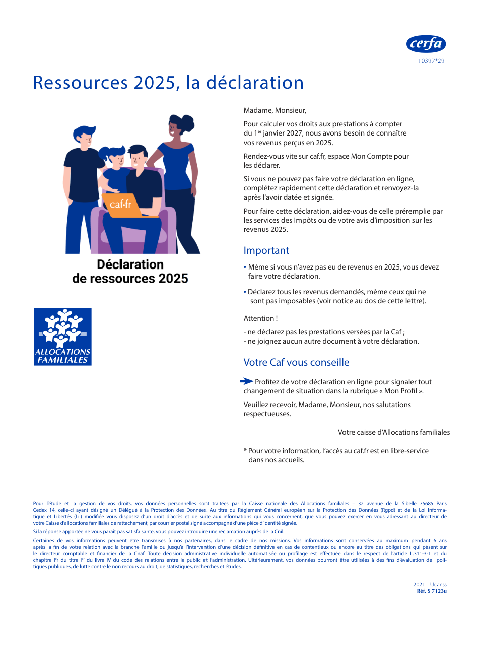 Page 1 du formulaire cerfa 10397 — Déclaration ressources 2025 allocations familiales