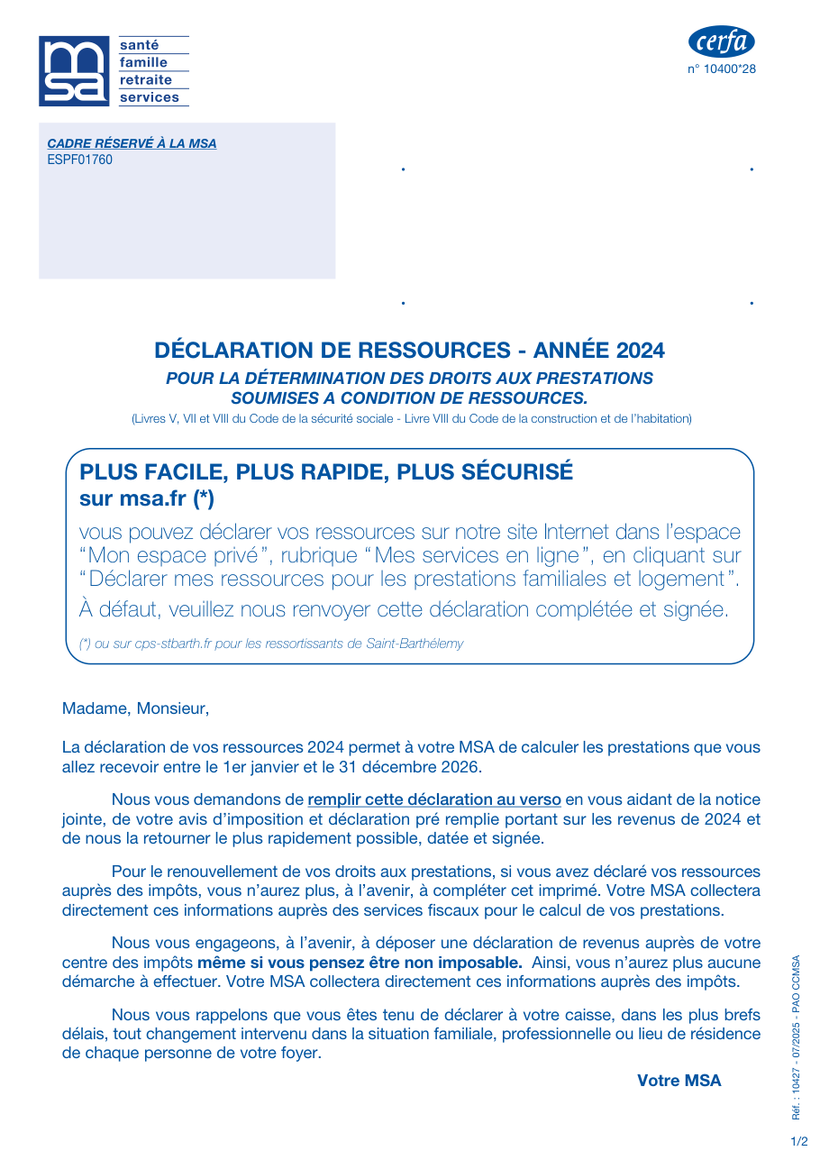 Page 1 du formulaire cerfa 10400 — Déclaration ressources 2024 prestations MSA