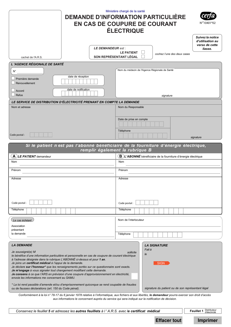 Page 1 du formulaire cerfa 10401 — Demande d'information particulière en cas de coupure de courant