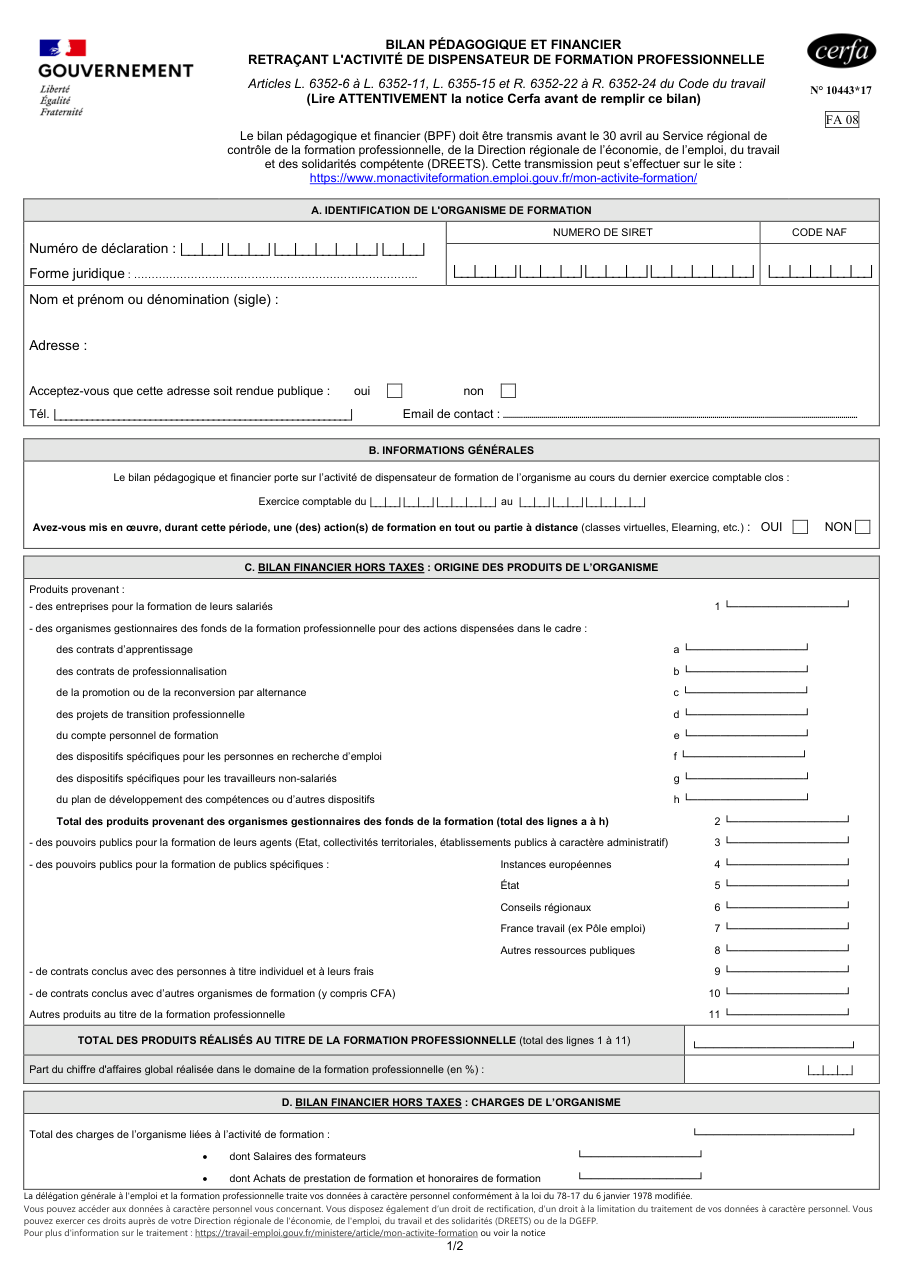 Page 1 du formulaire cerfa 10443 — Déclarer par courrier le bilan pédagogique et financier d'un organisme de formation