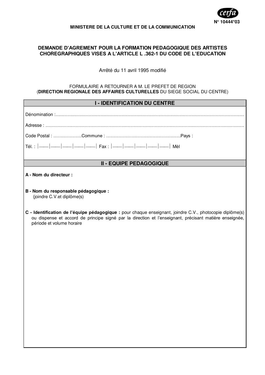 Page 1 du formulaire cerfa 10444 — Demande d'agrément pour formation des artistes chorégraphiques