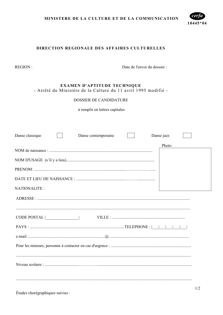 Page 1 du formulaire cerfa 10445 — Dossier de candidature à l'examen d'aptitude technique en danse