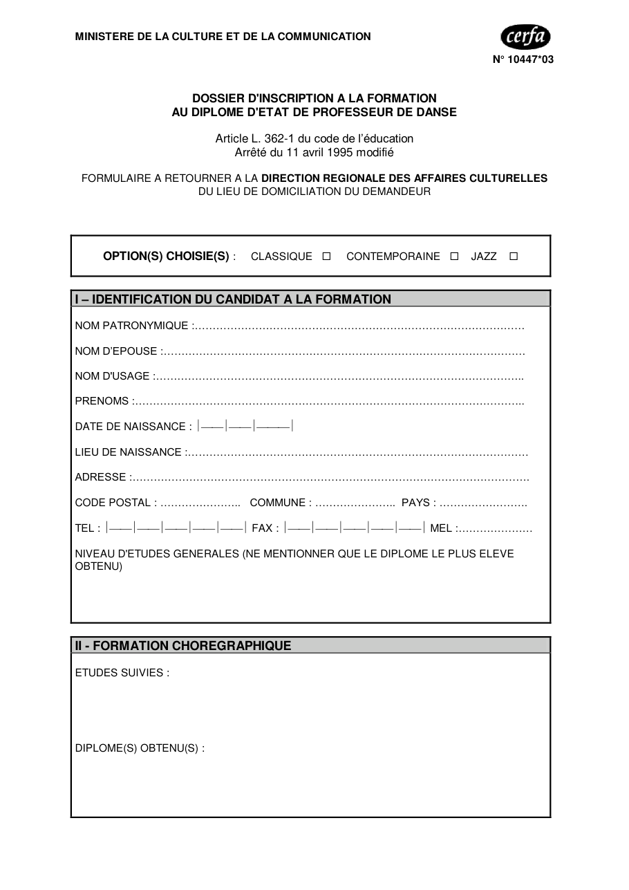 Page 1 du formulaire cerfa 10447 — Dossier d'inscription à la formation au diplôme d'État de professeur de danse