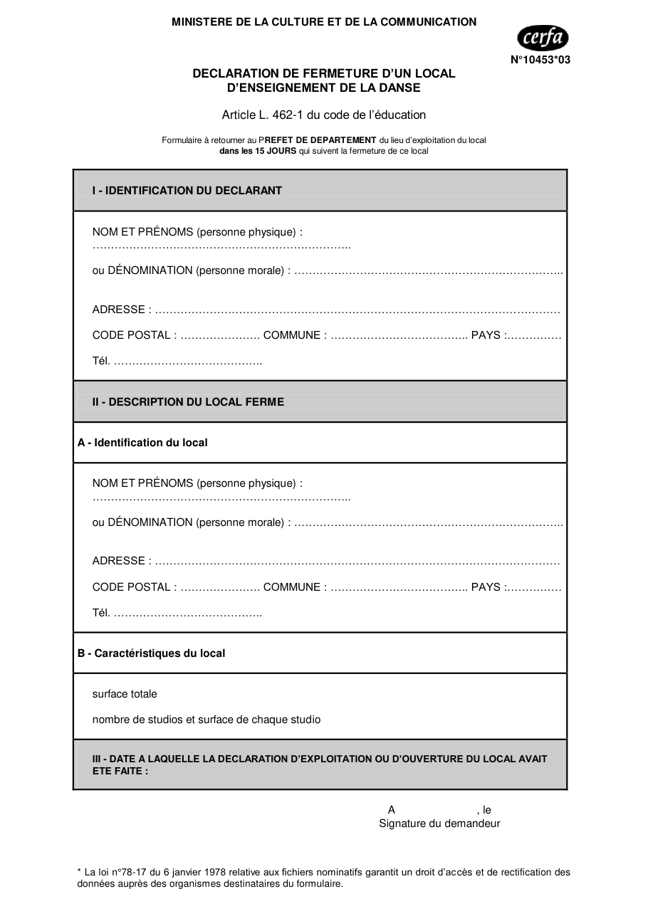 Page 1 du formulaire cerfa 10453 — Déclaration de fermeture d'un local d'enseignement de la danse