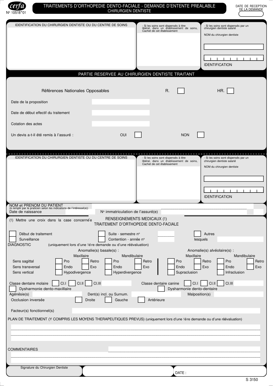 Page 1 du formulaire cerfa 10518 — Demande d'entente préalable pour traitement d'orthopédie dento-faciale