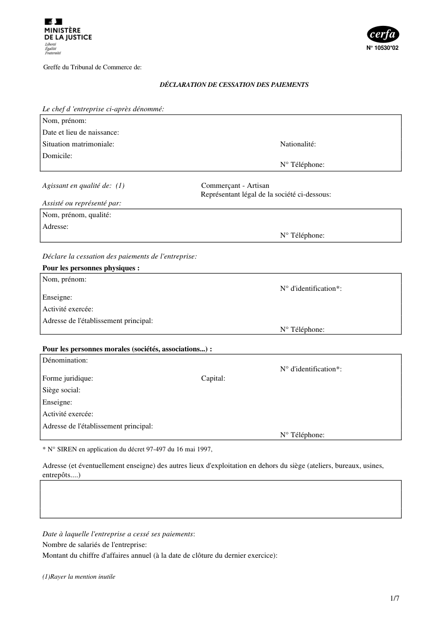 Page 1 du formulaire cerfa 10530 — Déclarer la cessation des paiements et demander un redressement ou une liquidation judiciaire