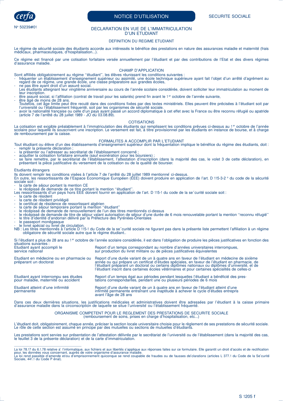 Page 1 du formulaire cerfa 10547 — Déclaration en vue de l'immatriculation d'un étudiant à la sécurité sociale