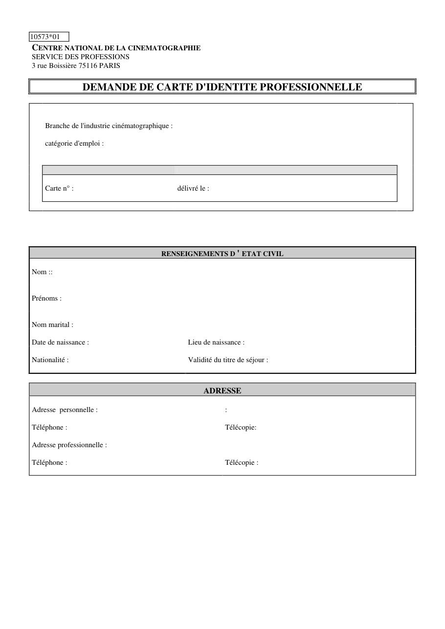 Page 1 du formulaire cerfa 10573 — Demande de carte d'identité professionnelle (cinéma)