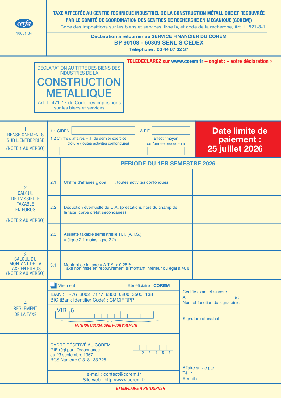 Page 1 du formulaire cerfa 10661 — Déclaration de taxe des industries de la construction métallique