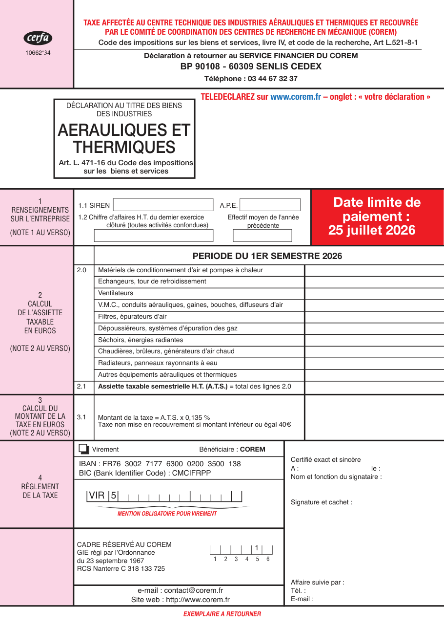 Page 1 du formulaire cerfa 10662 — Déclaration de taxe des industries aérauliques et thermiques