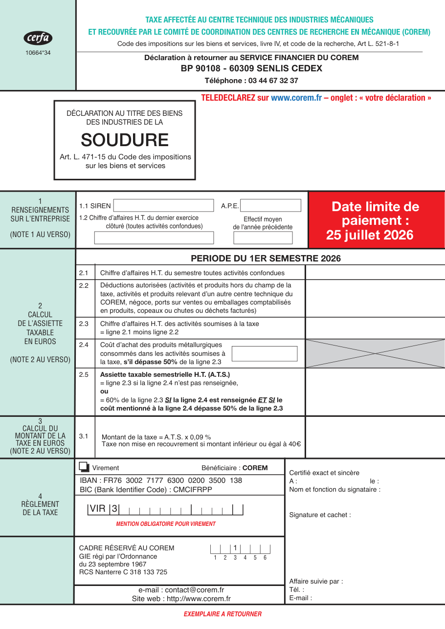 Page 1 du formulaire cerfa 10664 — Déclaration de taxe des industries de soudure