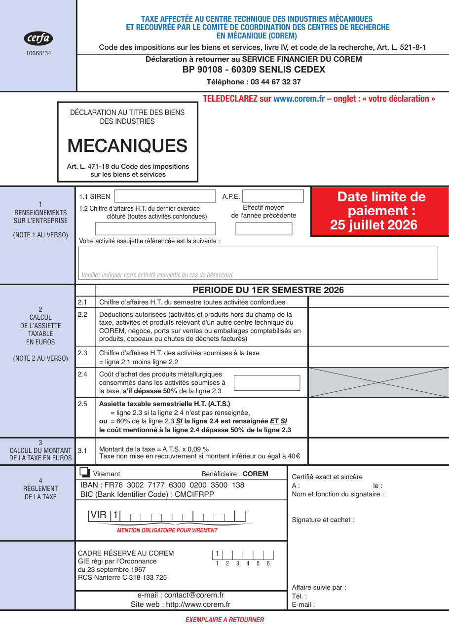 Page 1 du formulaire cerfa 10665 — Déclaration de taxe des industries mécaniques