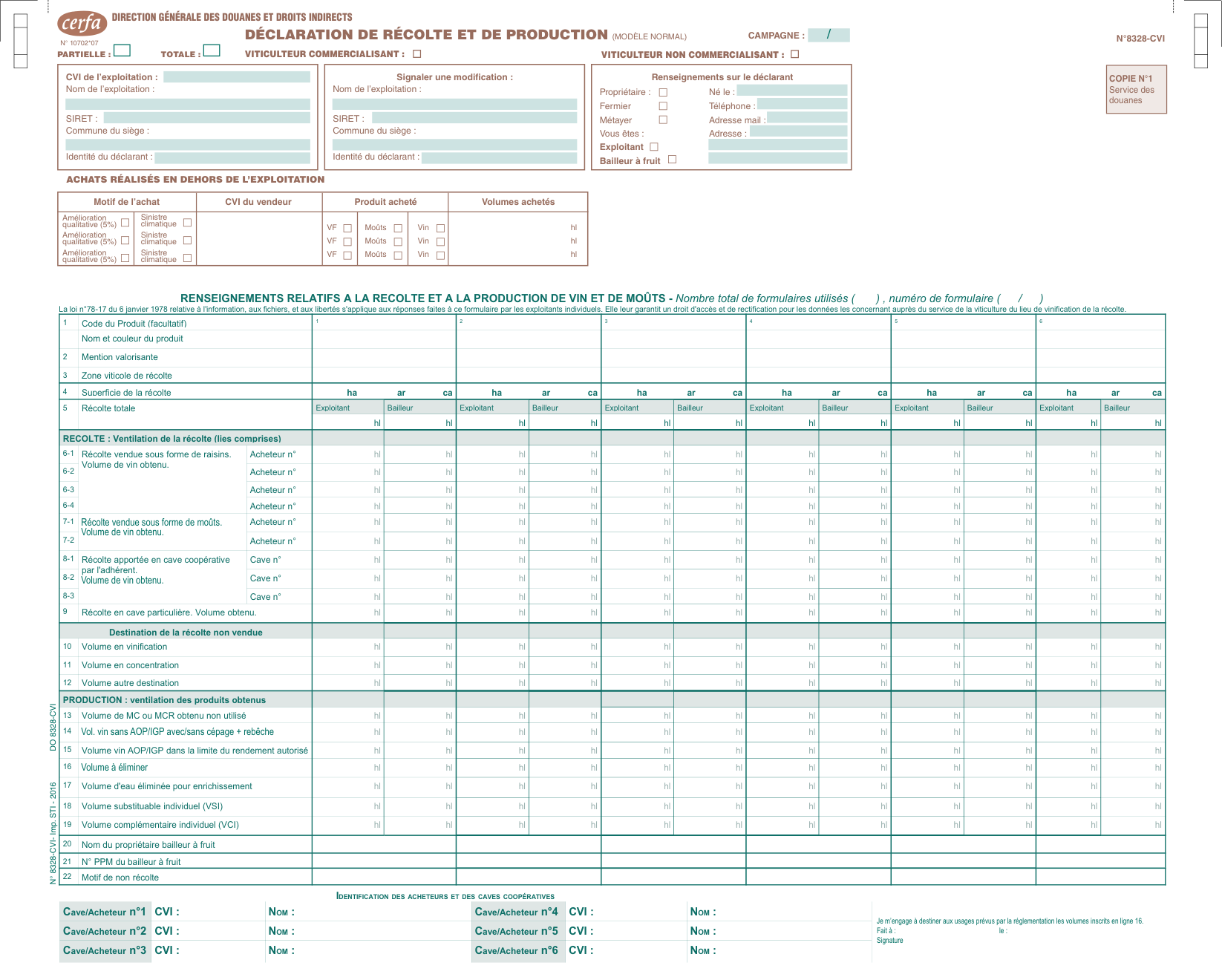 Page 1 du formulaire cerfa 10702 — Déclaration de récolte et de production
