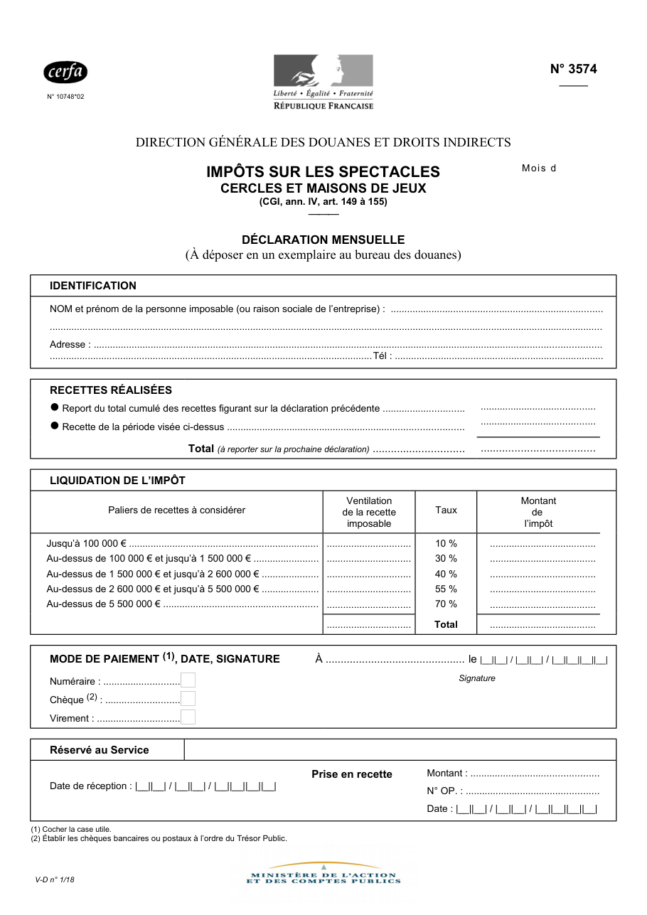 Page 1 du formulaire cerfa 10748 — Impôts sur les spectacles : cercles et maisons de jeux