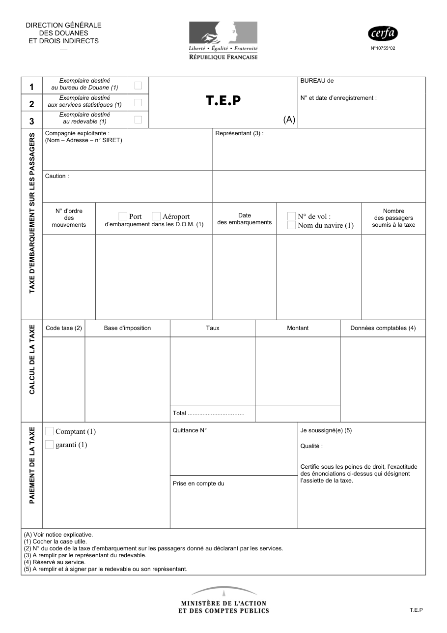 Page 1 du formulaire cerfa 10755 — Déclaration de taxe d'embarquement sur les passagers