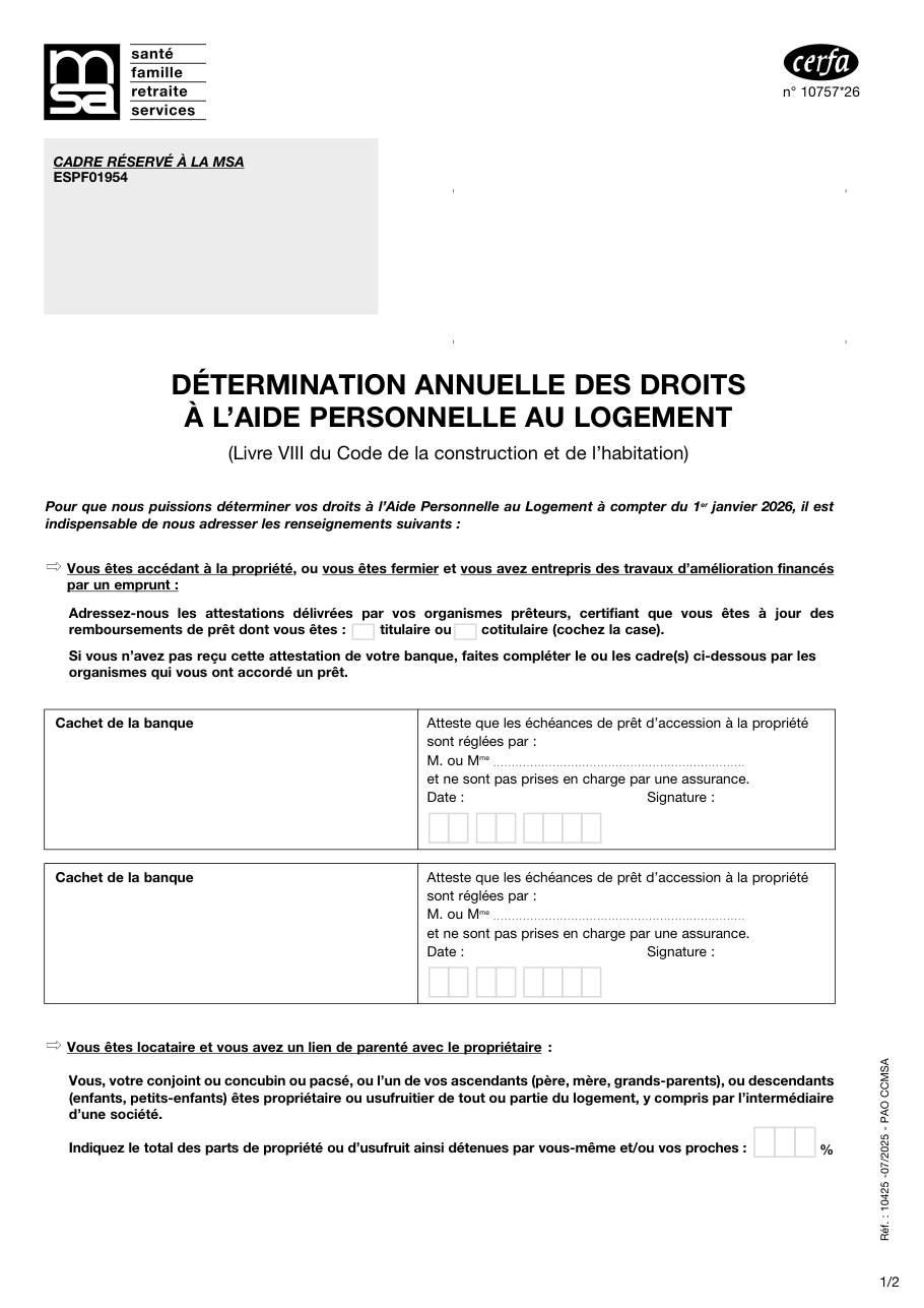 Page 1 du formulaire cerfa 10757 — Détermination annuelle des droits à l'aide personnelle au logement