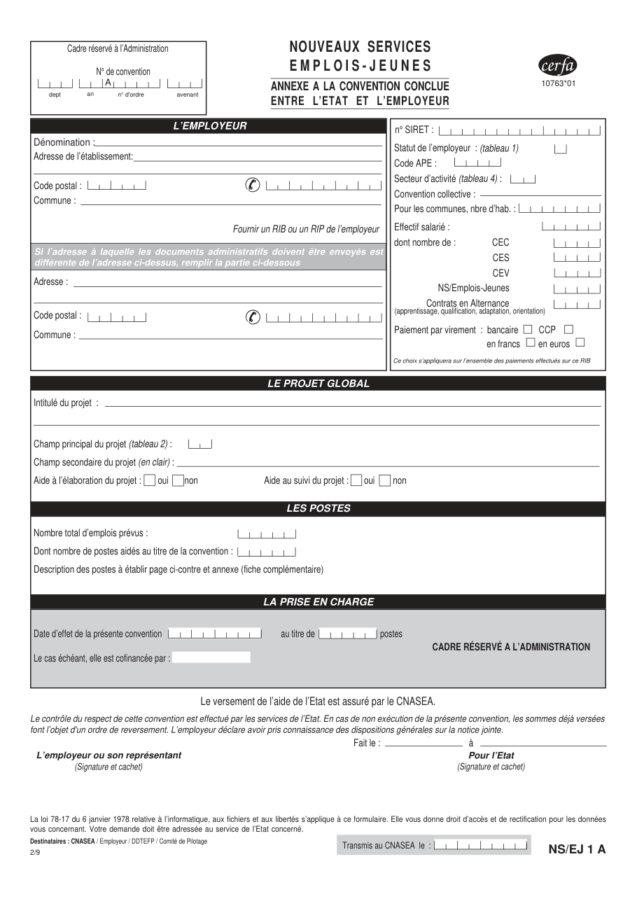 Page 1 du formulaire cerfa 10763 — Nouveaux services emplois-jeunes