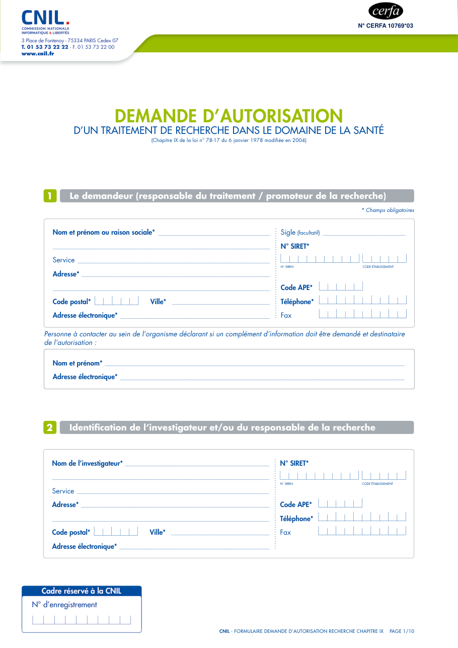 Page 1 du formulaire cerfa 10769 — Demande d'autorisation de traitement de recherche en santé