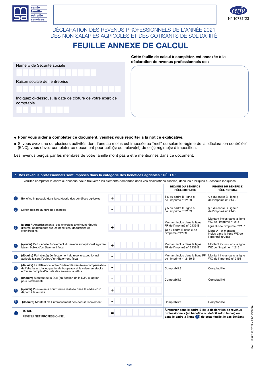 Page 1 du formulaire cerfa 10781 — Feuille annexe de calcul des revenus professionnels agricoles