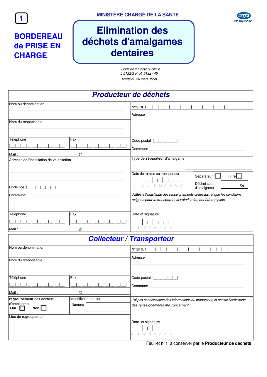 Page 1 du formulaire cerfa 10785 — Bordereau de prise en charge des déchets d'amalgames