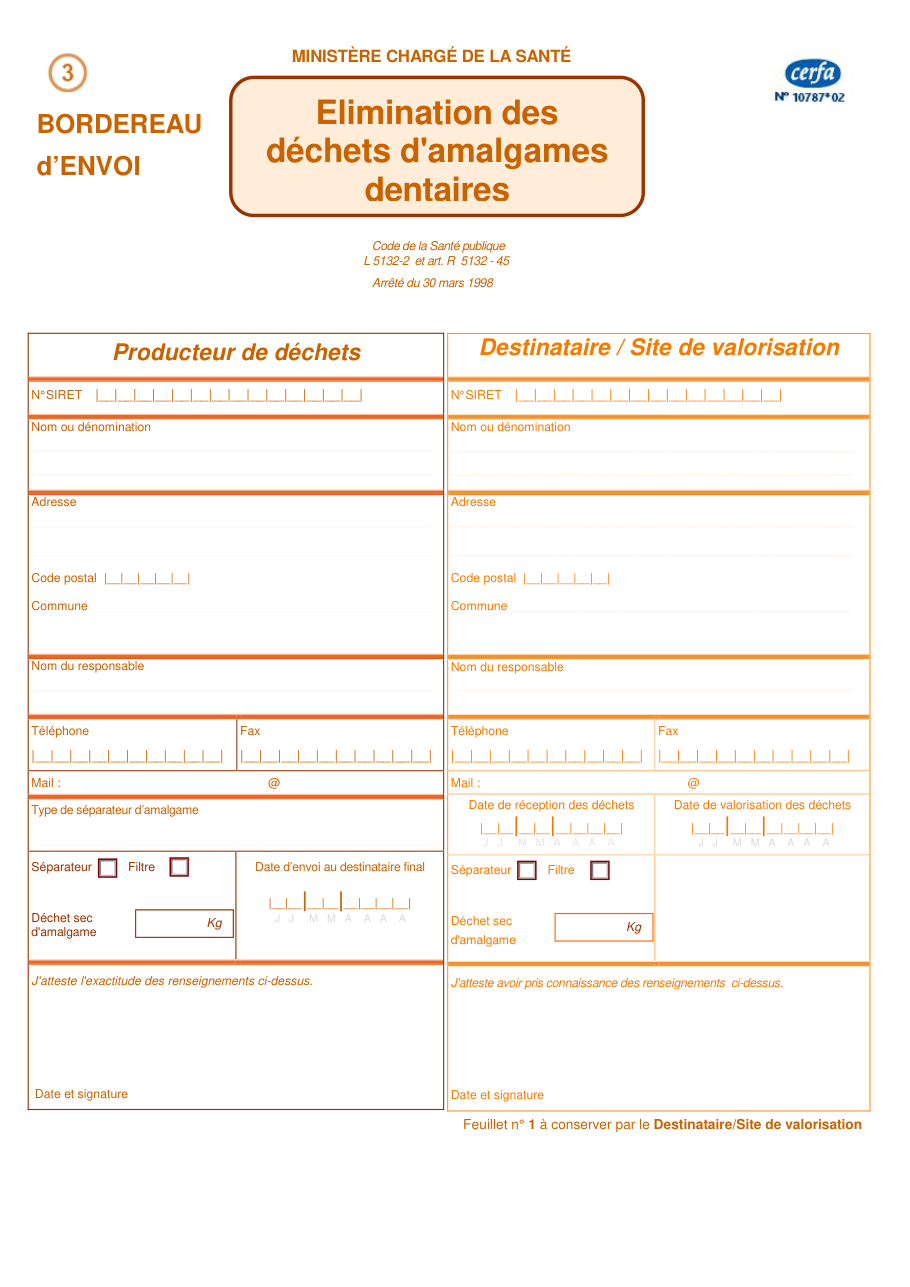 Page 1 du formulaire cerfa 10787 — Bordereau d'envoi des déchets d'amalgames