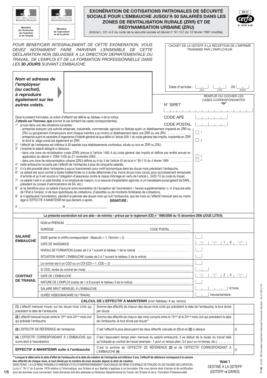Page 1 du formulaire cerfa 10791 — Exonération de cotisations patronales d'embauche en zone de revitalisation rurale (ZRR)